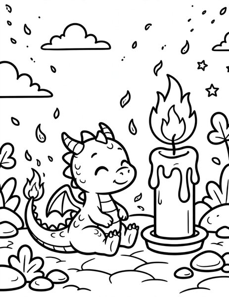 Ember Dragon coloring page: A tiny ember dragon warms its toes by a candle.