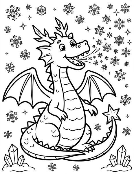 Frost Dragon coloring page: A frost dragon breathes out sparkling snowflakes.