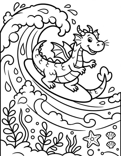 Tide Dragon coloring page: A tide dragon surfs a gentle ocean wave.