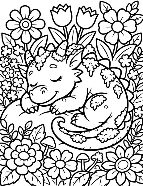 Moss Dragon coloring page: A mossy dragon naps in a soft flower bed.