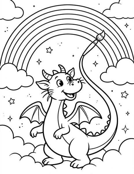 Rainbow Painter coloring page: A friendly dragon paints a rainbow across the sky.