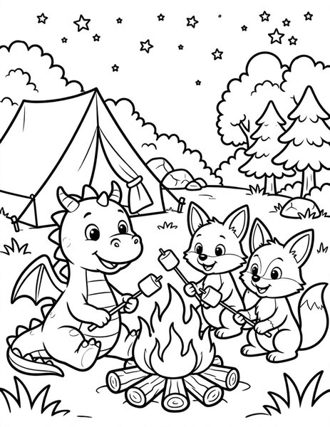 Dragon Camping Trip coloring page: A dragon and friends camp under the stars.