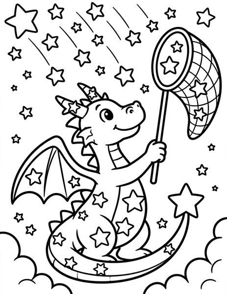 Star Dragon coloring page: A star dragon catches fallen stars in a net.