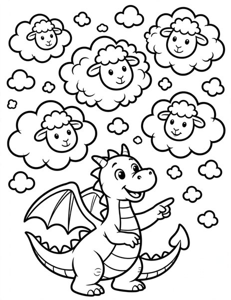 Cloud Shepherd coloring page: A dragon herds fluffy sheep-shaped clouds.