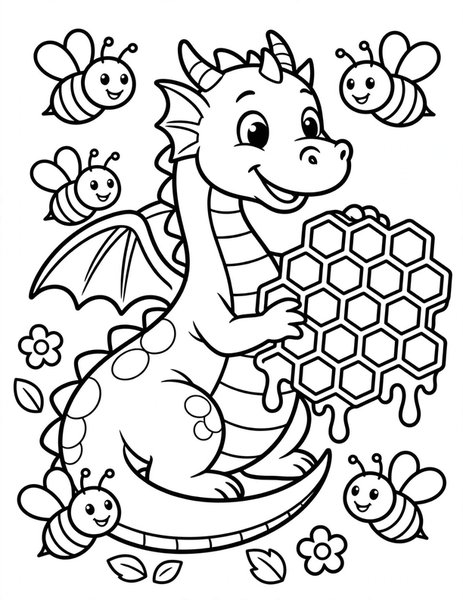 Honey Dragon coloring page: A honey-gold dragon shares honeycomb with bees.