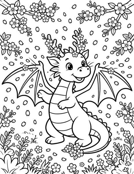 Blossom Dragon coloring page: A blossom dragon shakes petals from its wings.