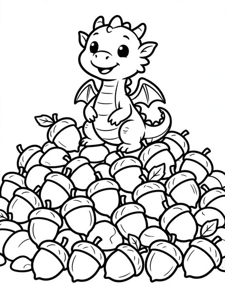 Acorn Dragon coloring page: A tiny dragon guards a pile of shiny acorns.