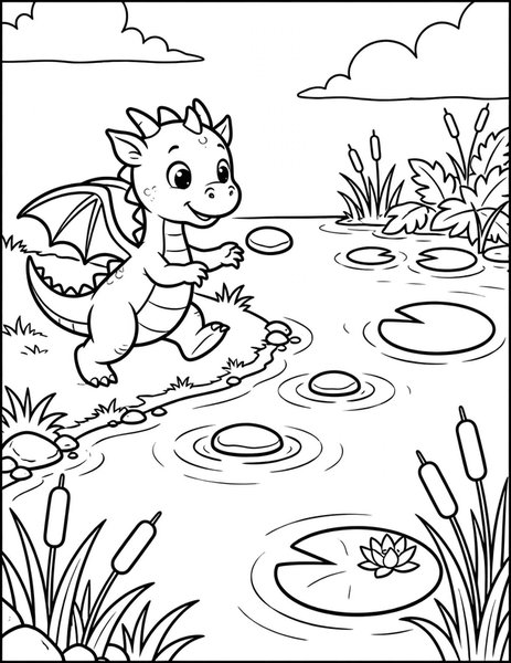 Pebble Dragon coloring page: A pebble dragon skips stones across a pond.