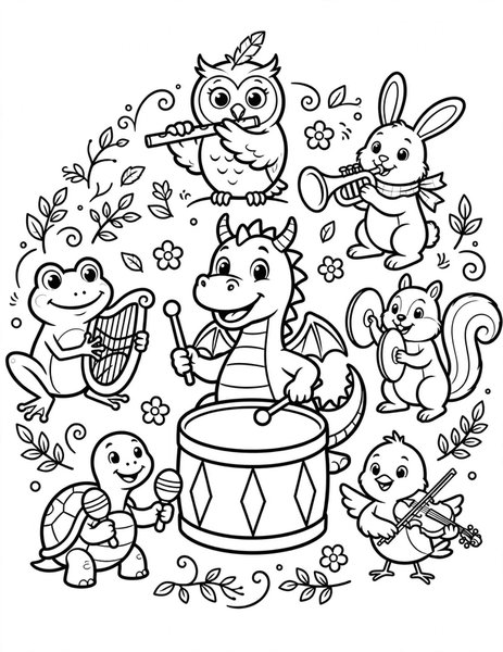 Drum Circle coloring page: A dragon taps a big drum with animal friends.