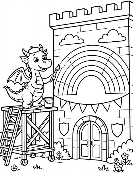 Mural Dragon coloring page: A dragon paints a giant rainbow mural.