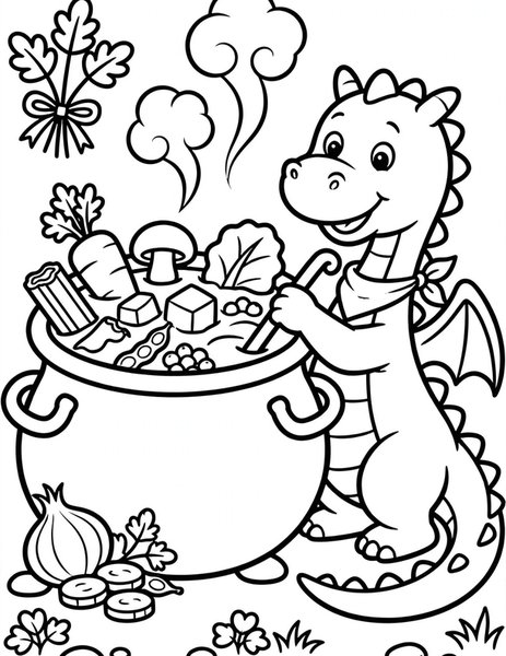 Soup Dragon coloring page: A dragon stirs a giant pot of veggie soup.