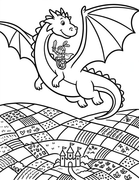 Tiny Knight, Big Dragon coloring page: A tiny knight rides a giant gentle dragon.