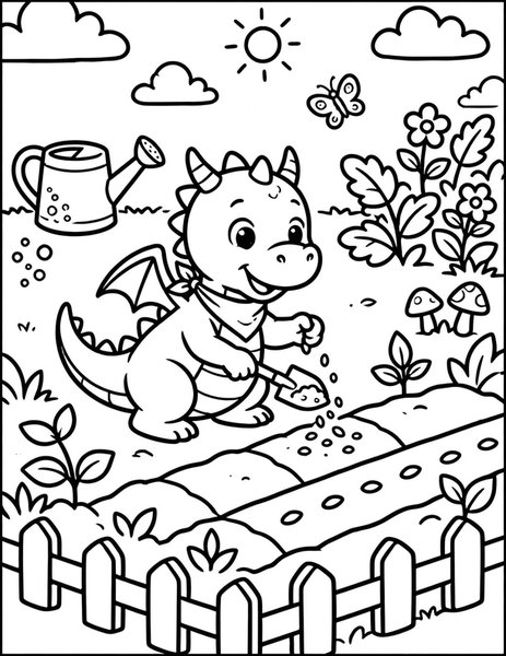 Seed Dragon coloring page: A little dragon plants a seed garden.