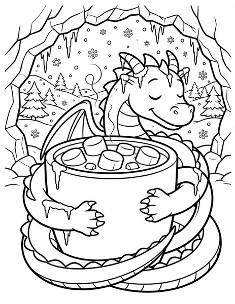 Dragon Hot Cocoa coloring page: A dragon warms its claws with hot cocoa.