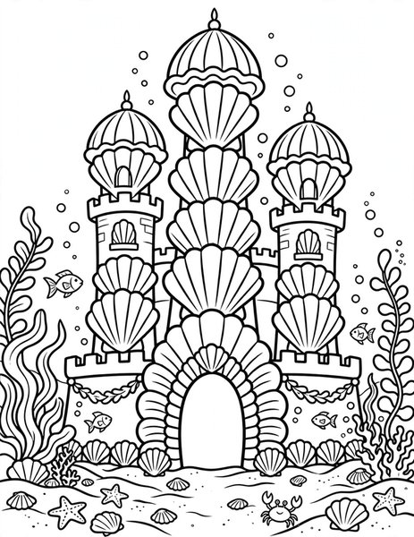 Mermaid Castle coloring page: A castle of shells rises up.