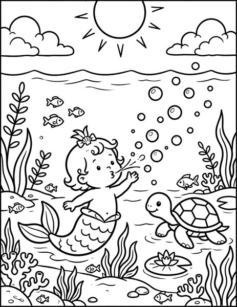 Baby Mermaid coloring page: A merbaby plays with bubbles.