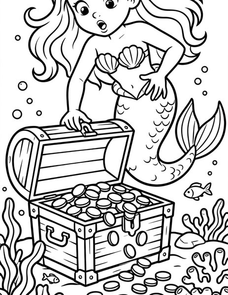 Treasure Chest coloring page: A mermaid finds a treasure chest.
