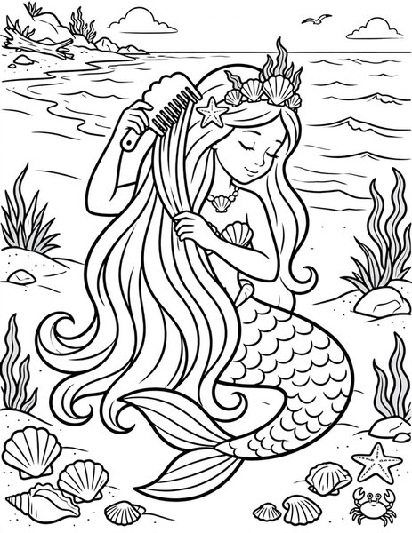 Mermaid Hair coloring page: A mermaid combs her long hair.