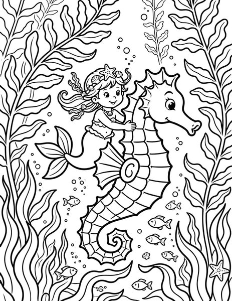 Seahorse Ride coloring page: A mermaid rides a giant seahorse.