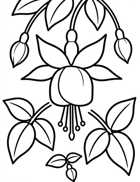 Fuchsia Friend coloring page: A fuchsia flower dangles like a bell.