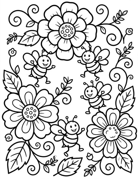 Detailed Bee Ballet coloring page: Bees dance among detailed petals.