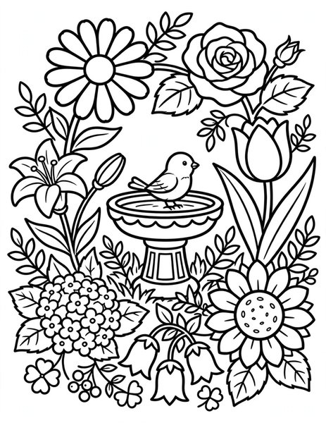 Garden Party coloring page: Flowers gather around a bird bath.