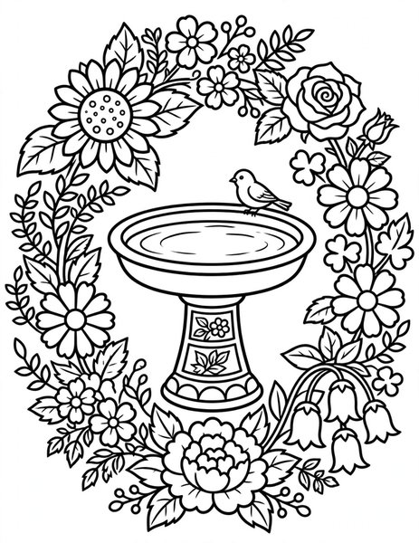 Detailed Bird Bath Blooms coloring page: A bird bath ringed with flowers.
