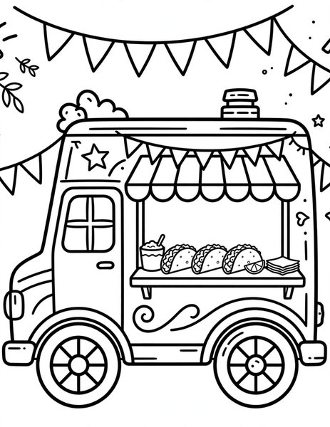 Fiesta Taco Truck coloring page: Tacos served from a festive truck.