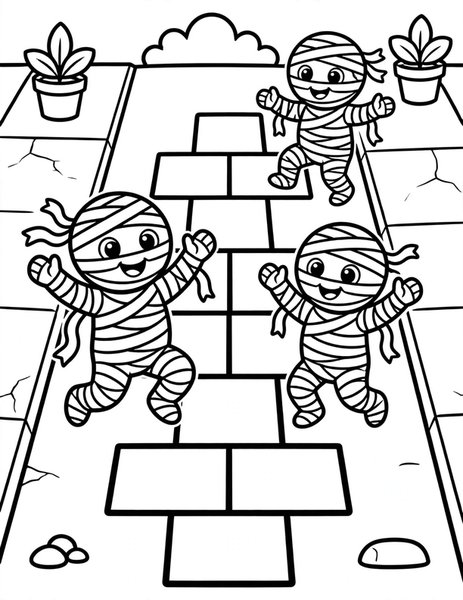 Mummy Hopscotch coloring page: Hop, skip, and mummy-jump.