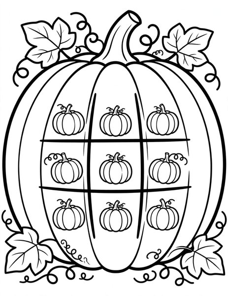 Pumpkin Tic-Tac-Toe coloring page: Tic-tac-toe on a giant pumpkin.