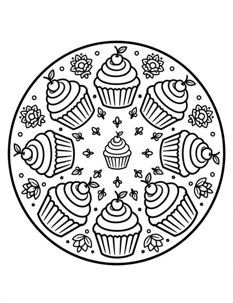 Cupcake Swirl Mandala coloring page: Frosted cupcakes spin in a ring.