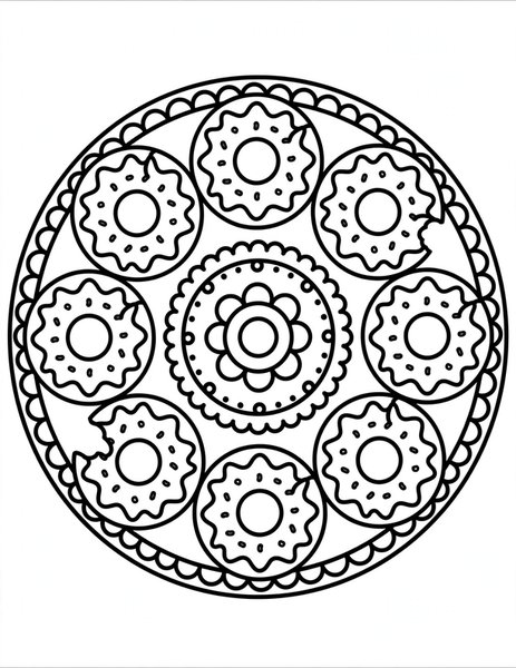 Donut Delight Mandala coloring page: Sprinkled donuts loop together.