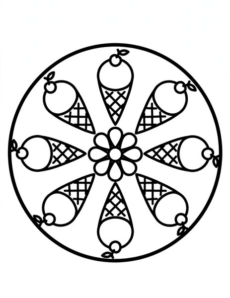Ice Cream Cone Mandala coloring page: Cones swirl with scoops on top.