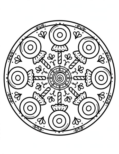 Lollipop Lane Mandala coloring page: Swirly lollipops march in a circle.