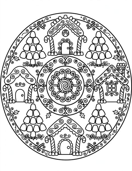 Gingerbread House Mandala coloring page: Candy houses ring a gumdrop tree.