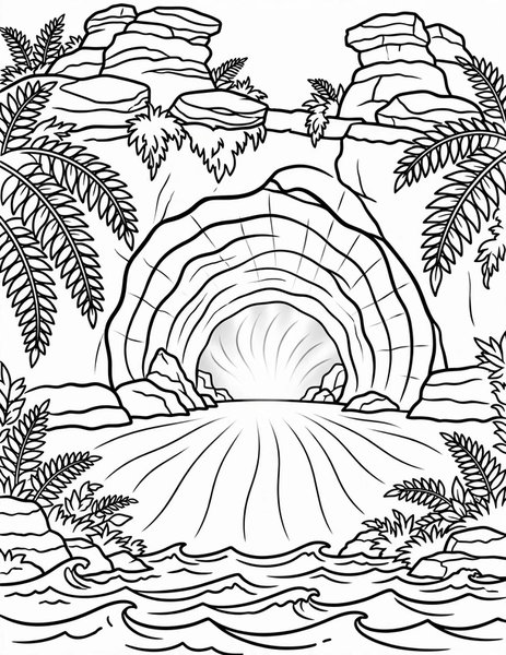 Hidden Cave coloring page: A cave mouth glows in the cliff.