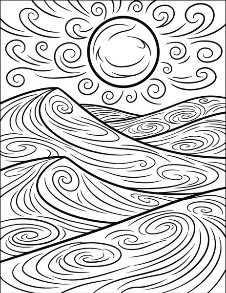 Dune Sea coloring page: Wind ripples across desert dunes.