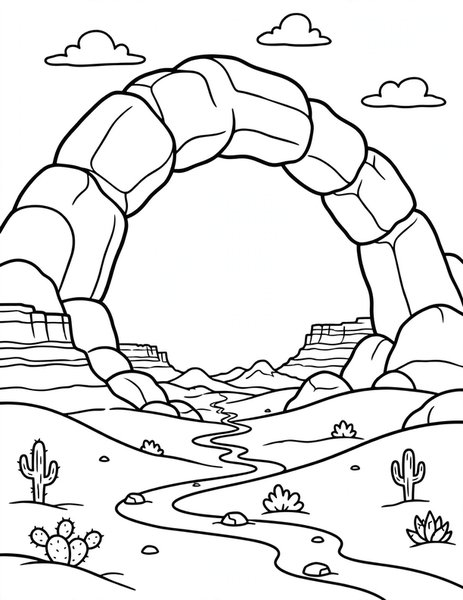 Rock Arch coloring page: A stone arch spans the desert.