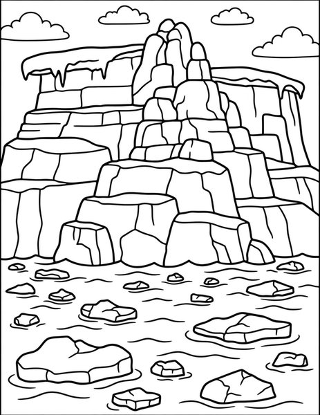 Glacier coloring page: Towering ice rises over the water.