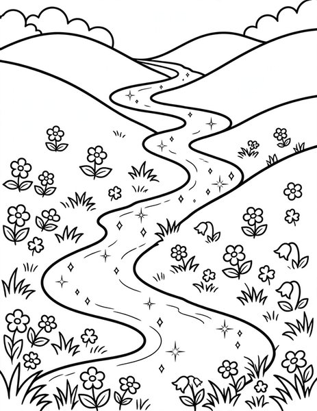 Green Valley coloring page: A river winds through a valley.