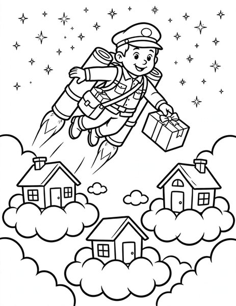 Jetpack Mail coloring page: A mail carrier delivers packages by jetpack.