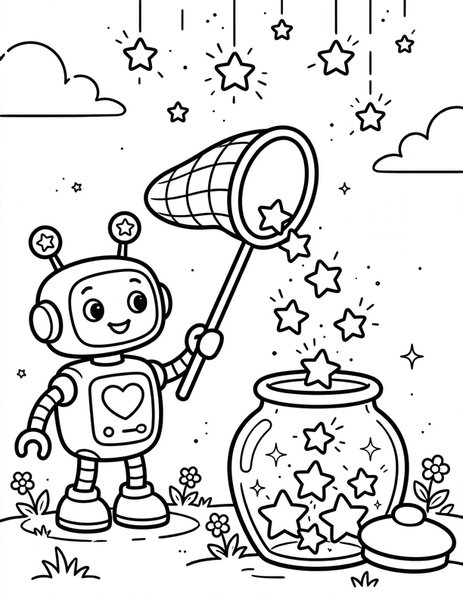 Star Collector coloring page: A robot collects falling stars in a big net.