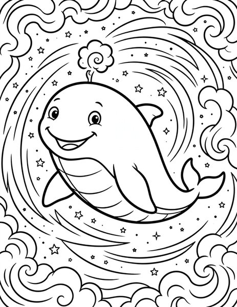 Warp Whale coloring page: A giant space whale swims through a colorful nebula.