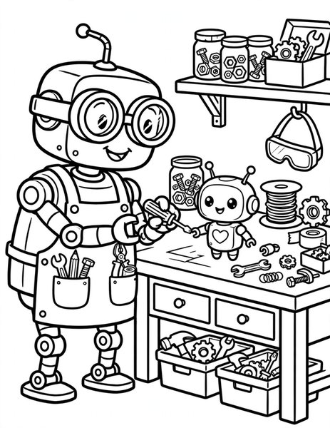 Robot Inventor coloring page: An inventor robot builds a tiny robot helper.