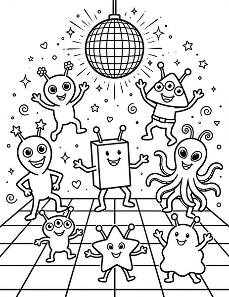 Alien Dance Party coloring page: Aliens dance under a disco ball.