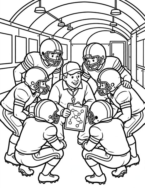 Halftime Huddle coloring page: The team plans the next play.
