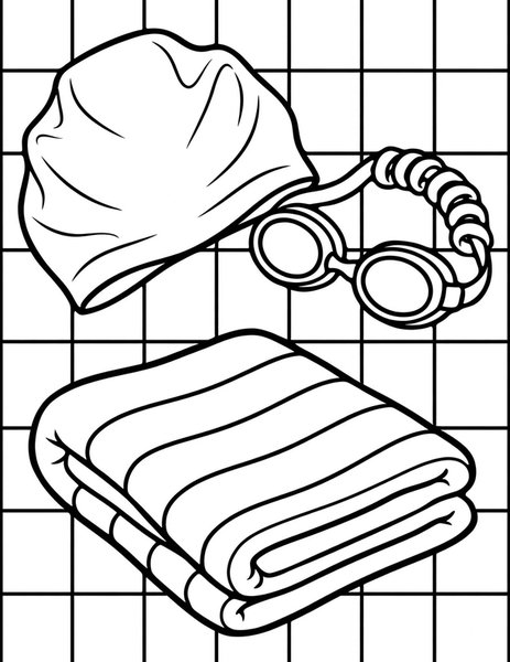 Swim Goggles coloring page: Goggles and cap on the deck.