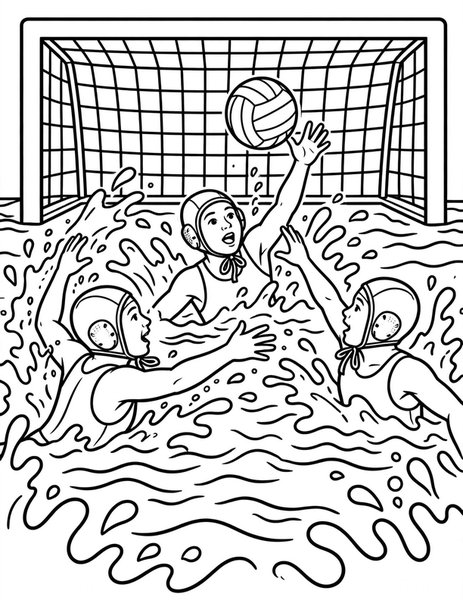 Water Polo coloring page: Players splash for the ball.