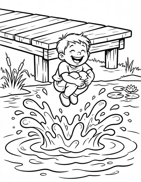 Cannonball coloring page: A kid cannonballs off the dock.