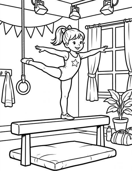 Balance Beam coloring page: A gymnast poses on the beam.
